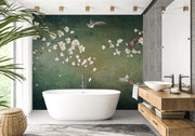 Green Magnolia and Birds Chinoiserie Wall Mural – bathroom with a freestanding bath mock-up