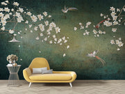 Green Magnolia and Birds Chinoiserie Wall Mural – room with a yellow chaise longue mock-up