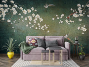 Green Magnolia and Birds Chinoiserie Wall Mural – living room with a mauve sofa mock-up