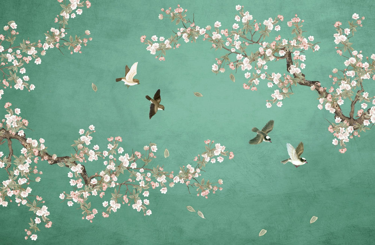 A decorative wall mural or wallpaper featuring a teal green background with traditional-style cherry blossom branches in white and pink, flying birds, and scattered falling petals.