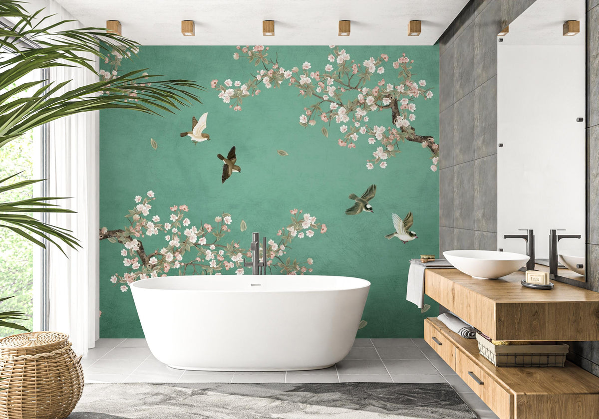 Teal green Chinoiserie wall mural with pink cherry blossoms and birds