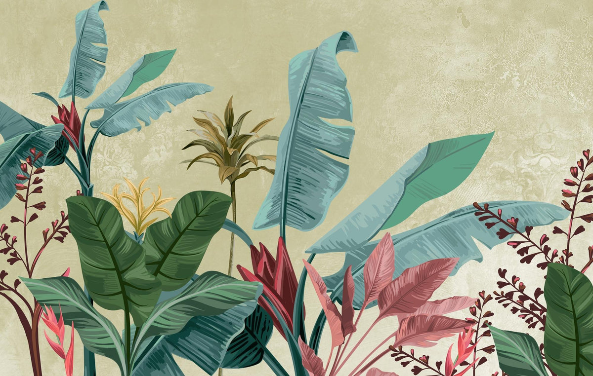 A tropical botanical illustration featuring large banana leaves, green and pink foliage, and small yellow flowers on a textured beige background.