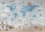 Blue Vintage Travel World Map Wall Mural – room with a small table and chairs mock-up