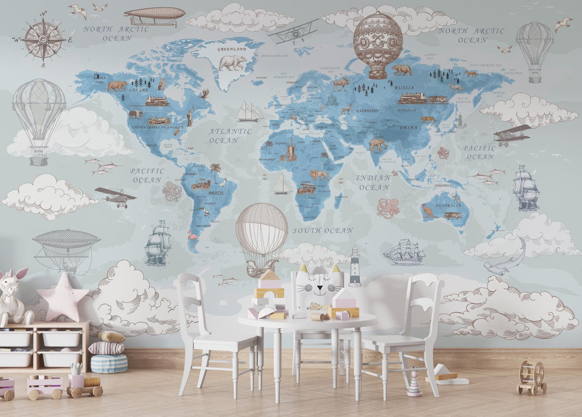Blue Vintage Travel World Map Wall Mural – room with a small table and chairs mock-up