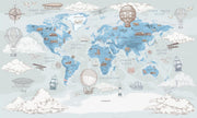 Blue Vintage Travel World Map Wall Mural – clean artwork for crop selection