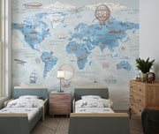 Blue Vintage Travel World Map Wall Mural – bedroom with twin beds mock-up