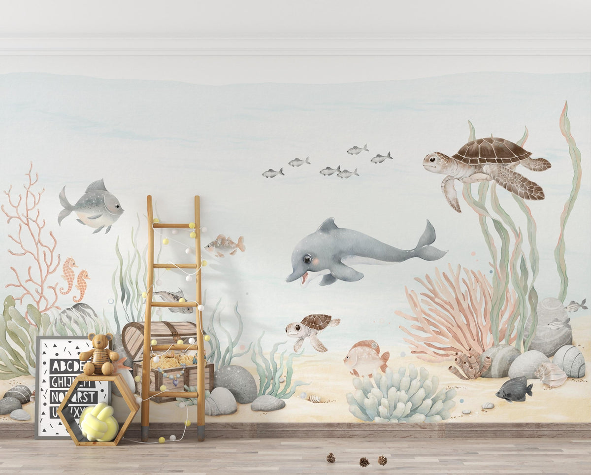 Sea turtles, dolphin and treasure chest among pale watercolour-style coral — playroom with a wooden climbing frame mock-up
