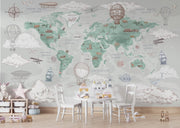 Sage Green Vintage Travel World Map Wall Mural – room with a small table and chairs mock-up