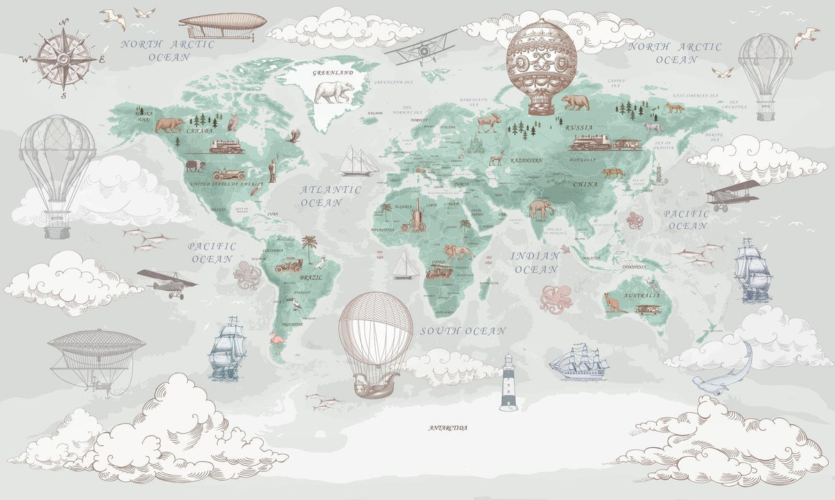 Sage Green Vintage Travel World Map Wall Mural – clean artwork for crop selection