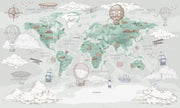 Sage Green Vintage Travel World Map Wall Mural – clean artwork for crop selection