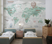 Sage Green Vintage Travel World Map Wall Mural – bedroom with twin beds mock-up