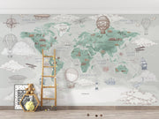 Sage Green Vintage Travel World Map Wall Mural – playroom with a wooden ladder mock-up