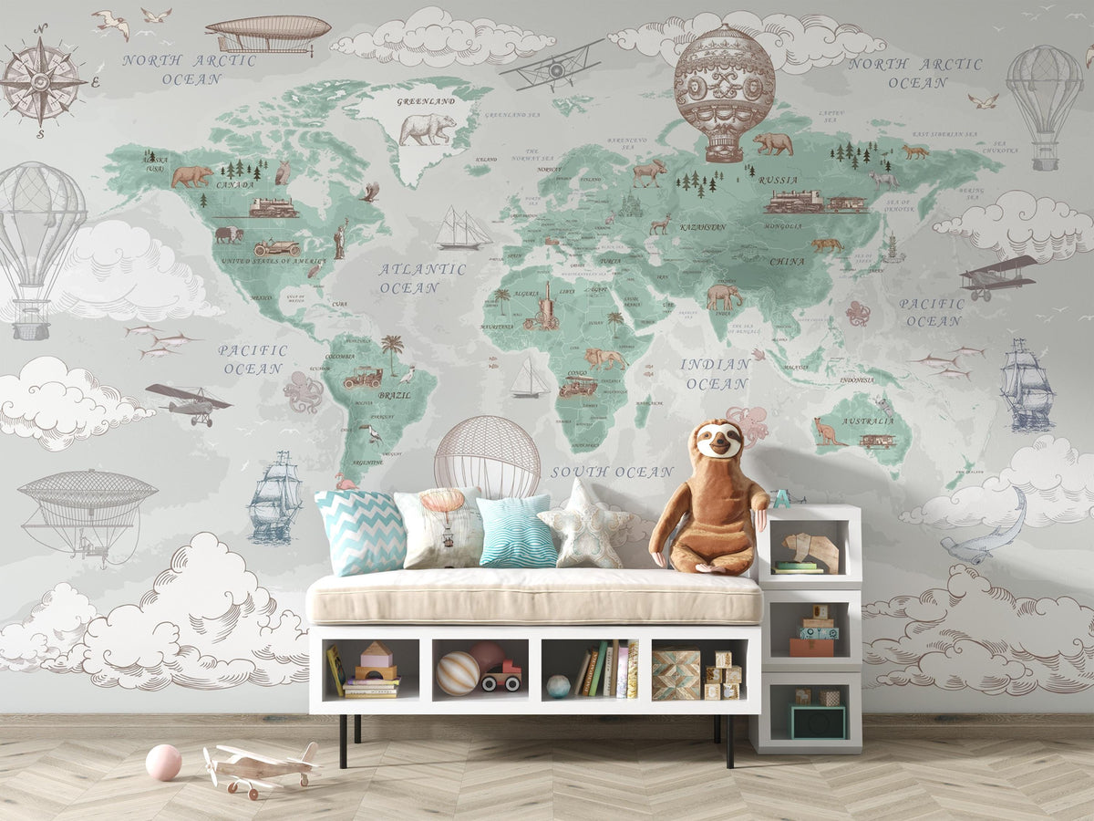 Sage Green Vintage Travel World Map Wall Mural – child’s room with a cushioned storage bench mock-up