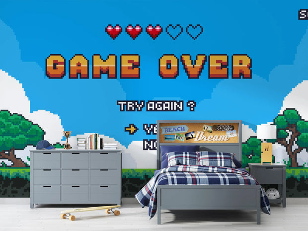 Bedroom with 'Game Over' screen design on the wall, featuring a bed and dresser.