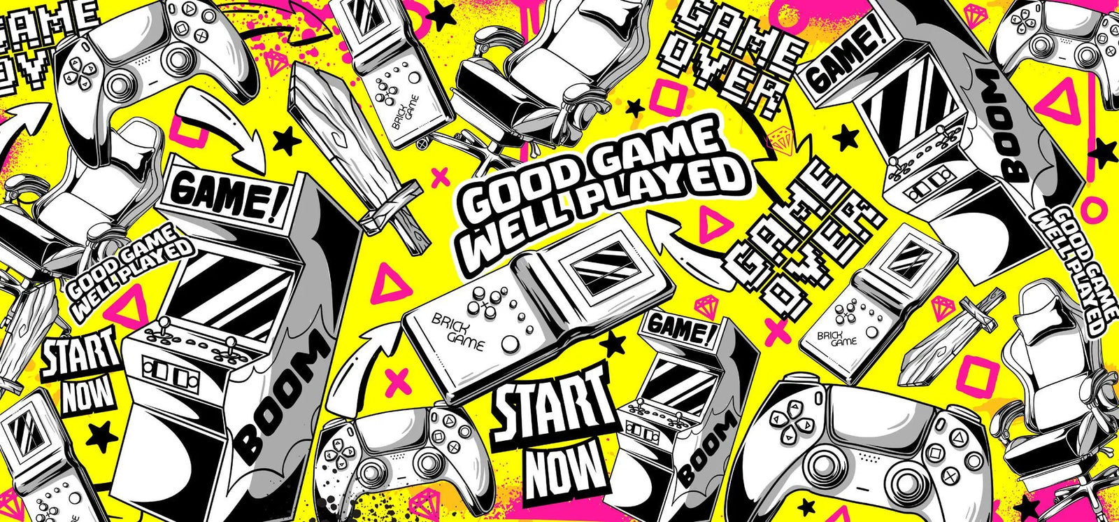 Pattern of gaming controllers and text on a yellow background