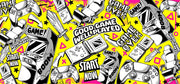 Pattern of gaming controllers and text on a yellow background
