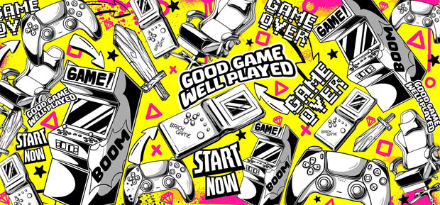 Pattern of gaming controllers and text on a yellow background