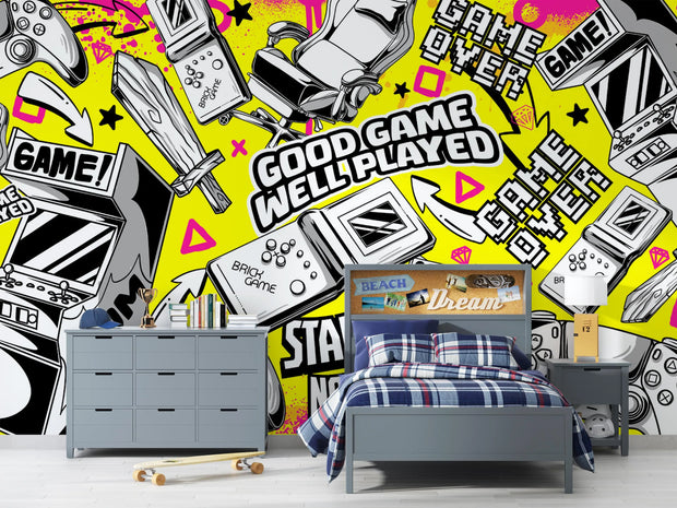 Children's bedroom with gaming-themed decor, including a bed, dresser, and wall mural with gaming graphics.
