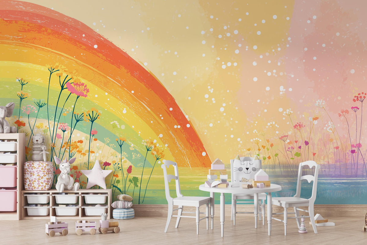A children's playroom featuring a large, colorful rainbow wall mural with wildflowers and white speckles. The room is styled with a small white table and chairs, storage bins, and plush toys.