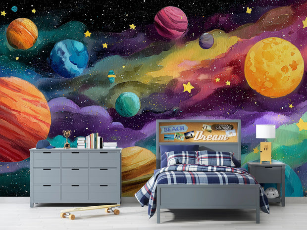 Children's bedroom with space-themed mural featuring planets and stars.