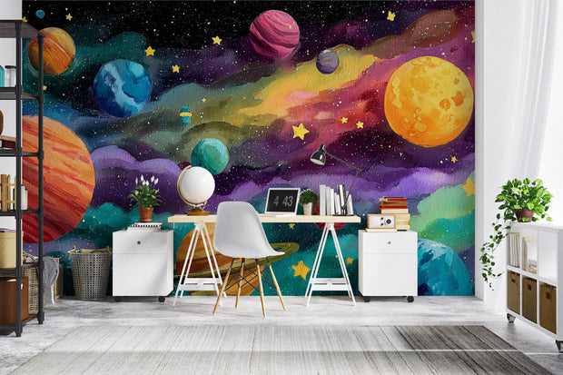 Colorful space-themed mural in a room with a desk and decor.