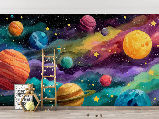 Colorful space-themed mural with planets, stars, and a ladder on a wall.