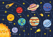 Cartoon illustration of the solar system with planets and stars on a dark blue background