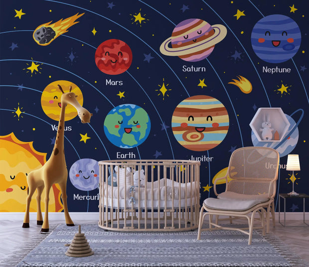 Children's room with a solar system mural featuring planets and stars.