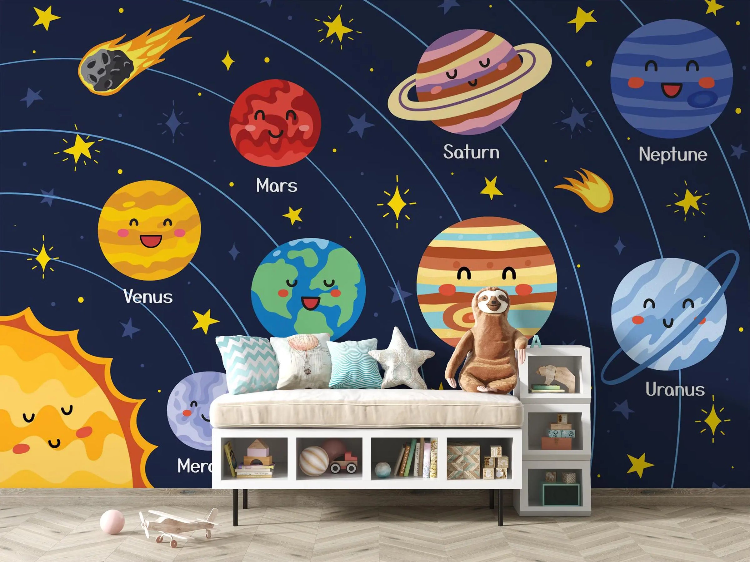 Children's room with a space-themed wall mural featuring cartoon planets and stars.