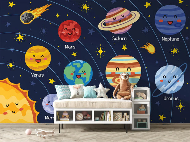 Children's room with a space-themed wall mural featuring cartoon planets and stars.
