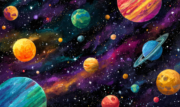 Colorful illustration of planets and stars in space