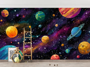 Wall mural of a colorful space scene with planets and a ladder on a wooden floor.
