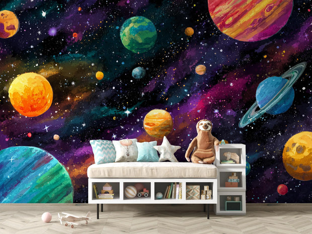 Children's room with space-themed wallpaper featuring planets and a teddy bear on a bench.