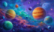 Colorful illustration of planets and stars in space