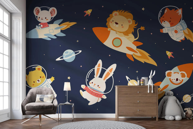 Children's room with space-themed wallpaper featuring animals on rockets and planets.