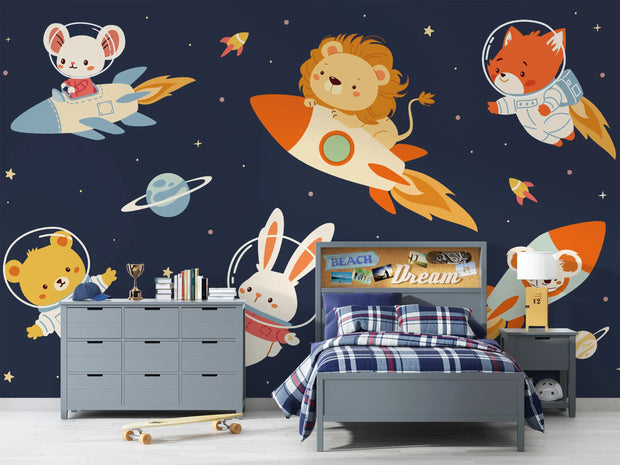 Children's bedroom with space-themed wallpaper featuring animals in rockets and planets.