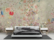 Parrot Chinoiserie wall mural with peonies, cherry blossoms, birds and butterflies