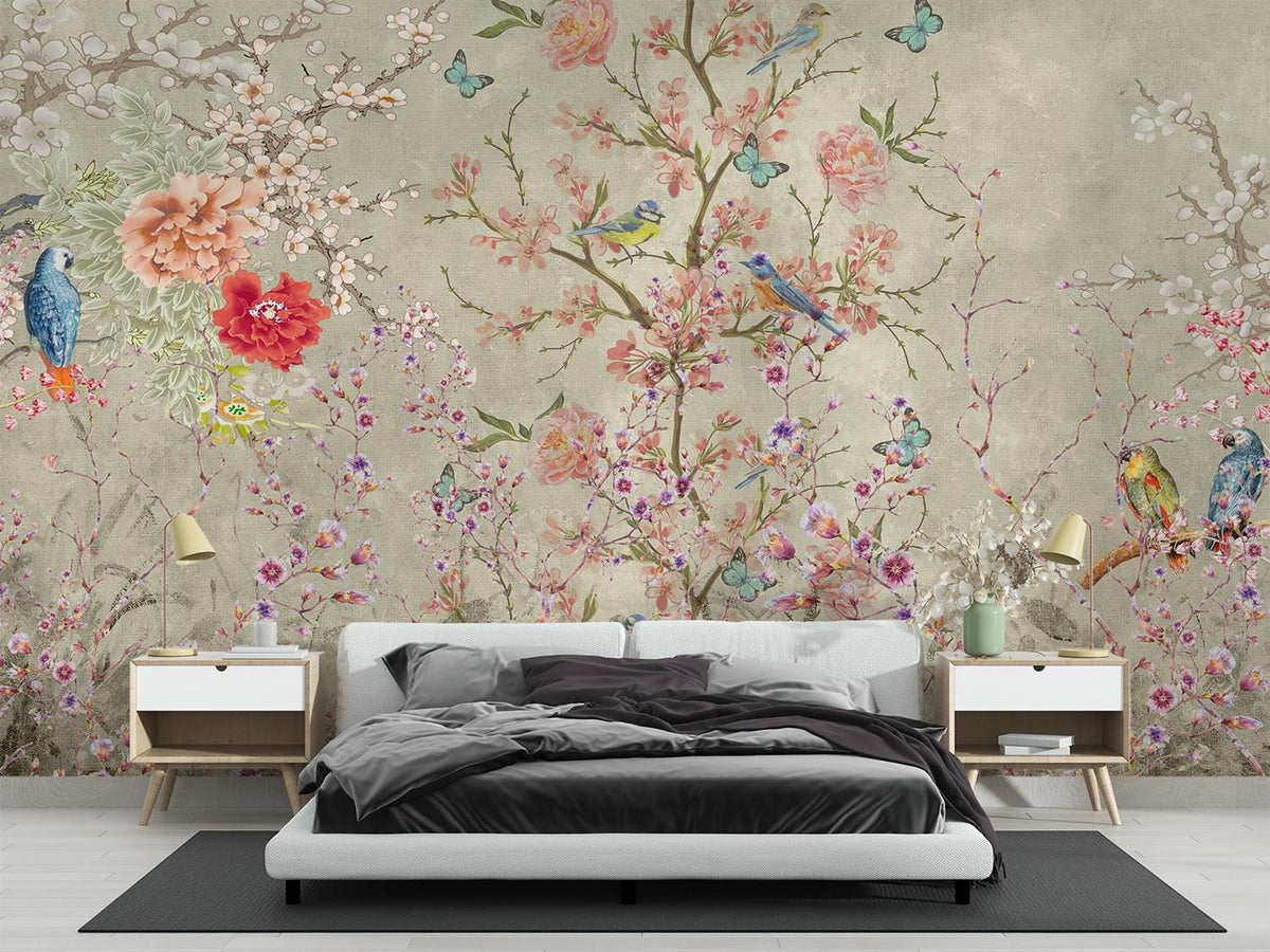 Parrot Chinoiserie wall mural with peonies, cherry blossoms, birds and butterflies