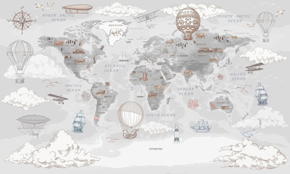 World map with vintage transportation illustrations on a light gray background