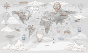 World map with vintage transportation illustrations on a light gray background
