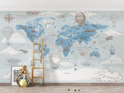 Blue Vintage Travel World Map Wall Mural – playroom with a wooden ladder mock-up
