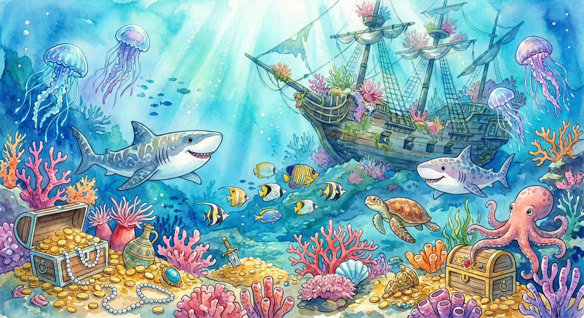 Watercolour Shipwreck and Underwater Treasure Wall Mural – clean artwork for crop selection