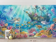 Watercolour Shipwreck and Underwater Treasure Wall Mural – playroom with a wooden ladder mock-up