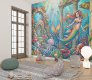 Rainbow Mermaid and Underwater Ruins Wall Mural – playroom with floor cushions mock-up