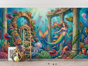 Rainbow Mermaid and Underwater Ruins Wall Mural – playroom with a wooden ladder mock-up