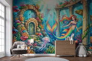 Rainbow Mermaid and Underwater Ruins Wall Mural – nursery with an armchair and chest of drawers mock-up