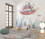 Flying Castle Ship Wall Mural – room illustration 2