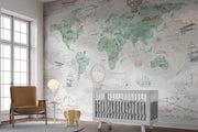 Sage Green Vintage Travel World Map Wall Mural – nursery with a cot mock-up