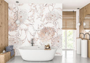 Soft Blush Botanical Linework Wall Mural – bathroom with a freestanding bath mock-up