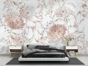 Soft Blush Botanical Linework Wall Mural – bedroom with a low grey bed mock-up